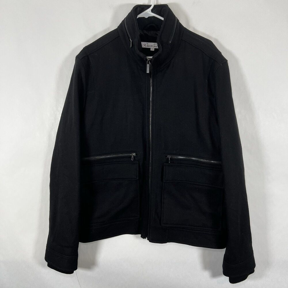 Kenneth Cole New York Full Zip Wool Blend Pea Coat Mens Size Large Black Jacket